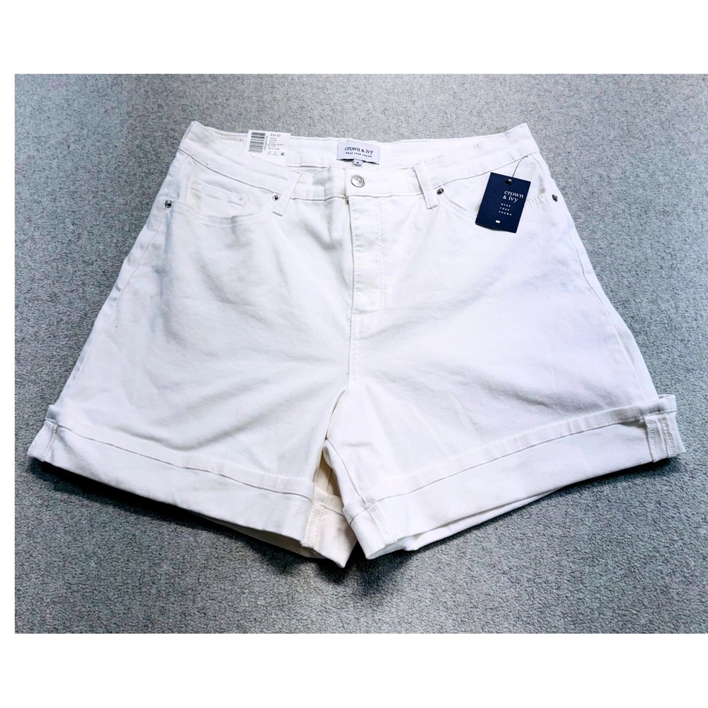 Crown & Ivy High Rise Shorts Womens 16 White Cuffed Premium Stretch Denim NWT